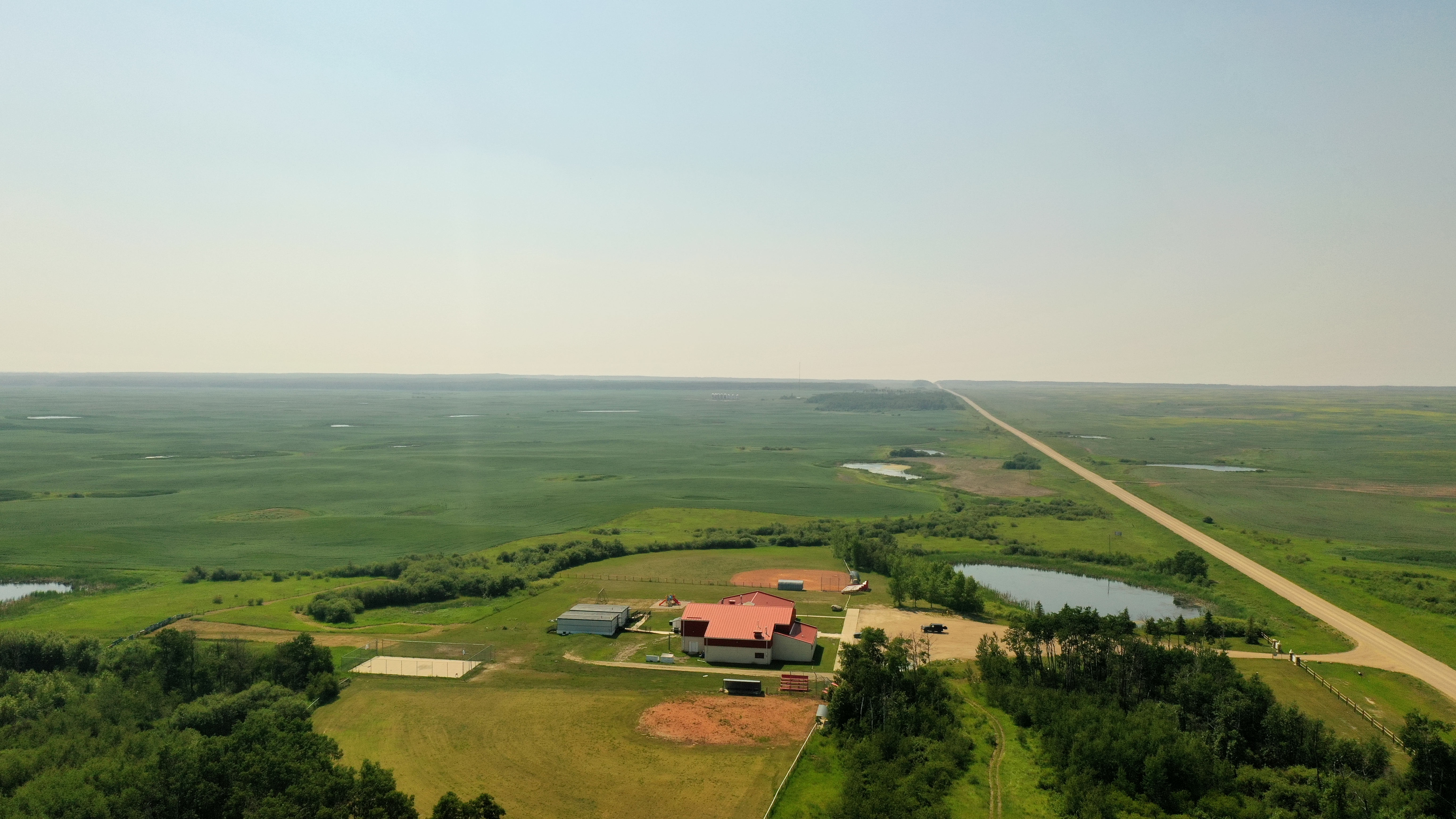 Drone view of Okanese Learning Center and surrounding land